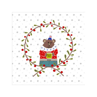 VI-1827 - Vignette en Velours Minky de Noël, Ours avec une Tasse de Chocolat Chaud