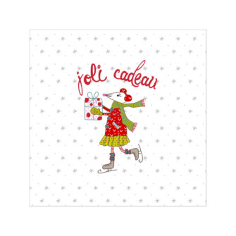 VI-1831 - Vignette en Velours Souris en Patins à Glace Tenant un Paquet Cadeau
