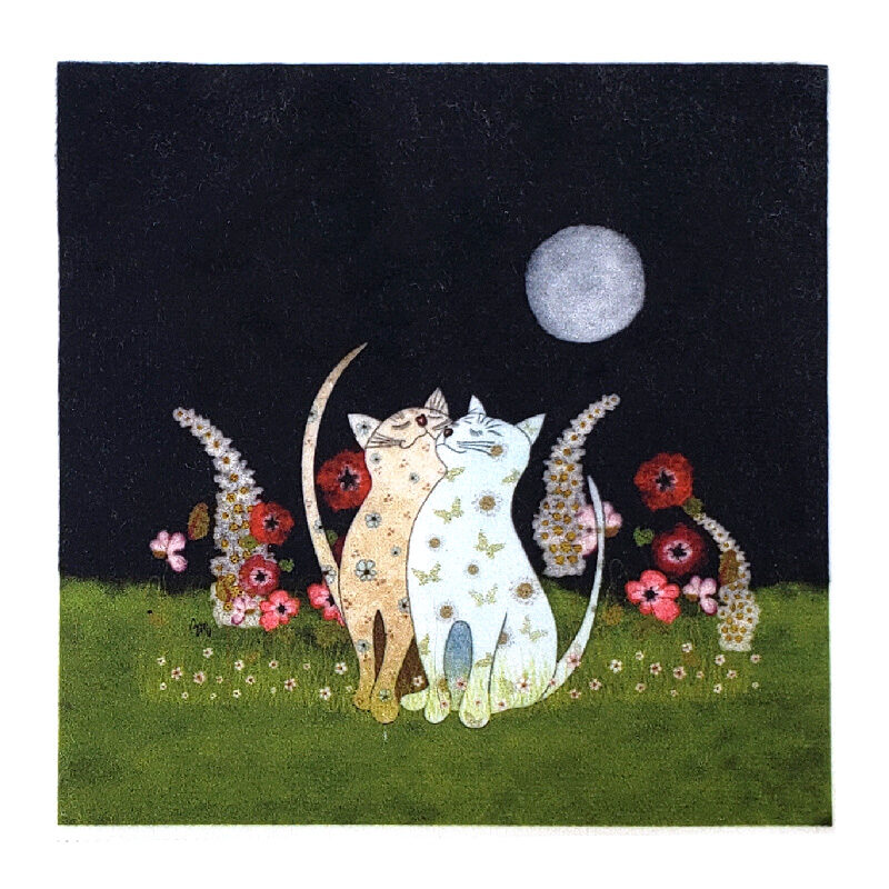 VI-1981 Vignette en Velours Minky Deux Chats de Nuit