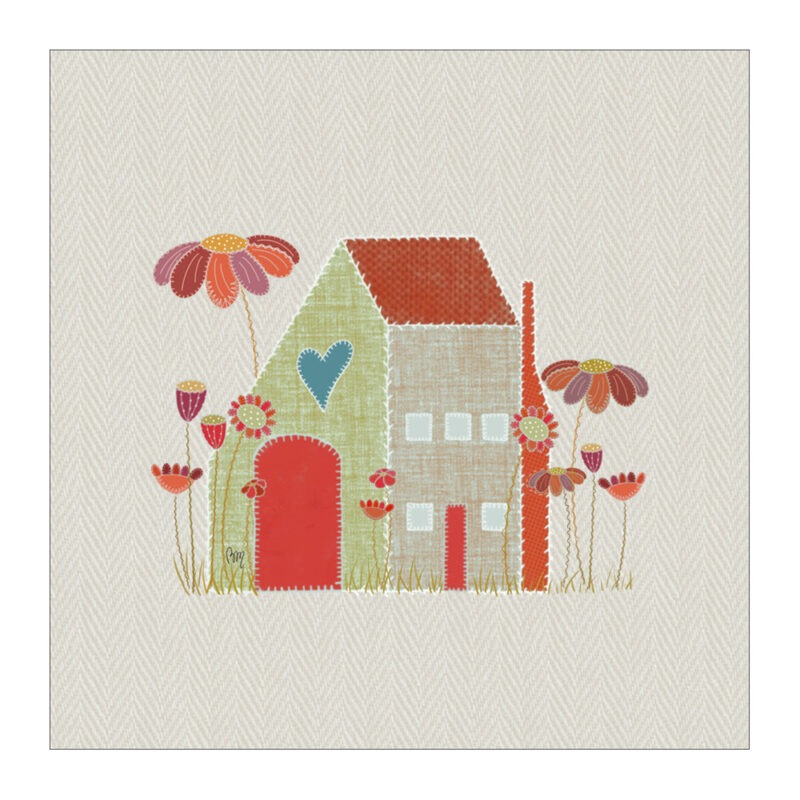 VI-2141 - Petite Maison en Patchwork et des Fleurs sur Fond Beige