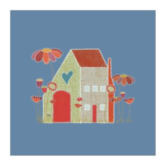 VI-2142 - Petite Maison en Patchwork et des Fleurs sur Fond Bleu