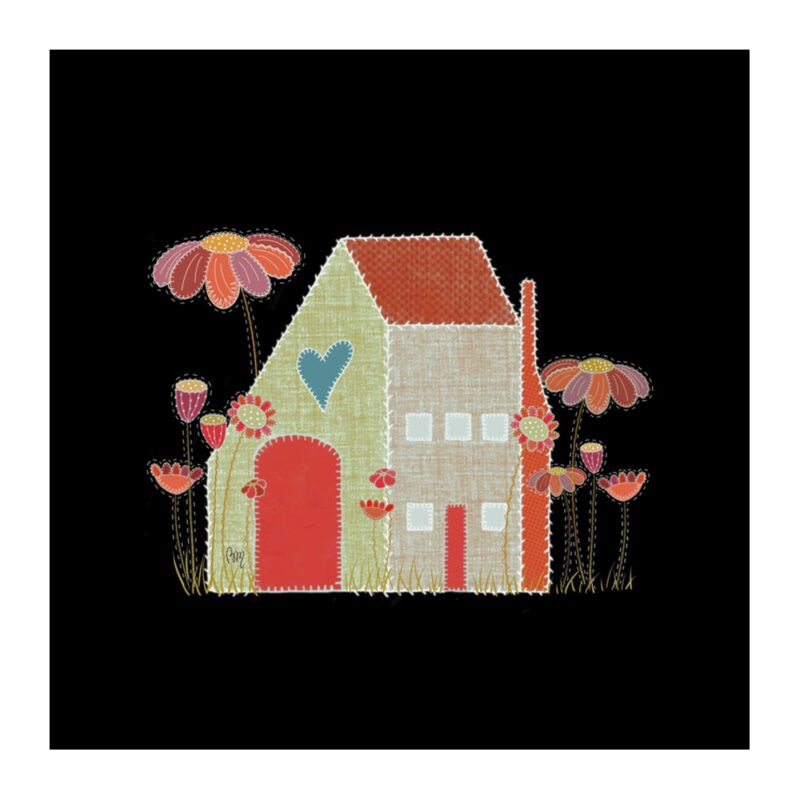 VI-2143 - Une Petite Maison en Patchwork et des Fleurs sur un Fond Noir