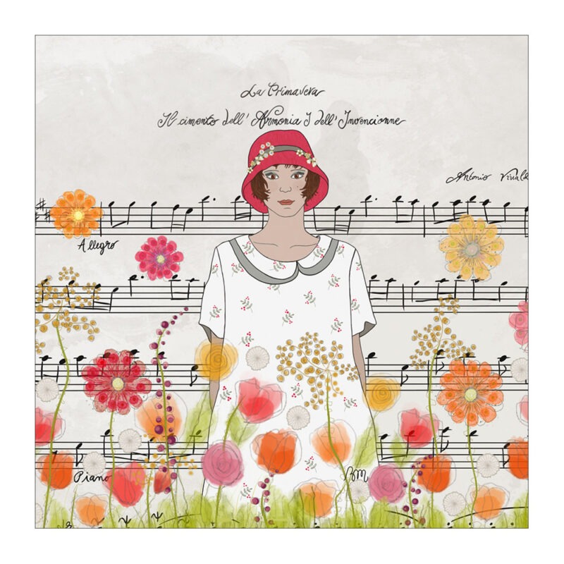 VI-2212 - Vignette en Velours Minky Femme, Fleurs, Printemps & Partition