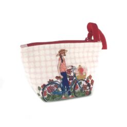 kit pour coudre un porte monnaie avec l'illustration vélo pois rose
