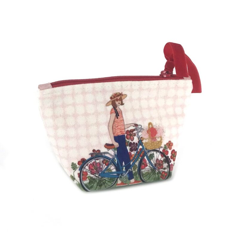 kit pour coudre un porte monnaie avec l'illustration vélo pois rose
