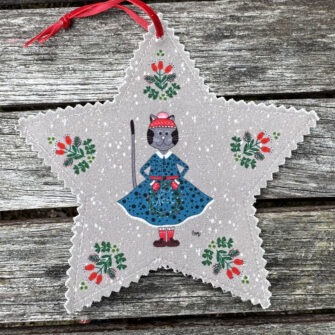 Etoile Déco de Noël Madame Chat en Robe Bleue Fond Beige - Velours Seul