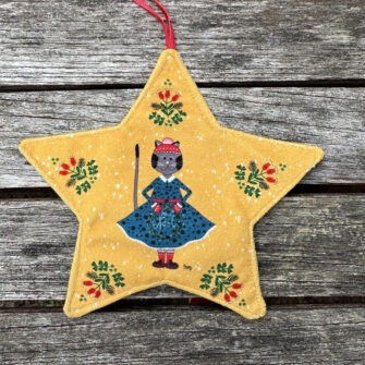 Etoile Déco de Noël Madame Chat en Robe Bleue Fond Jaune - Velours Seul