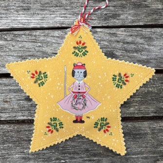 Etoile Déco de Noël Madame Chat en Robe Rose Fond Jaune - Velours Seul