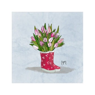 VI-2276 - Vignette en Velours Minky, Bouquet de Tulipes dans des Bottes Rouges
