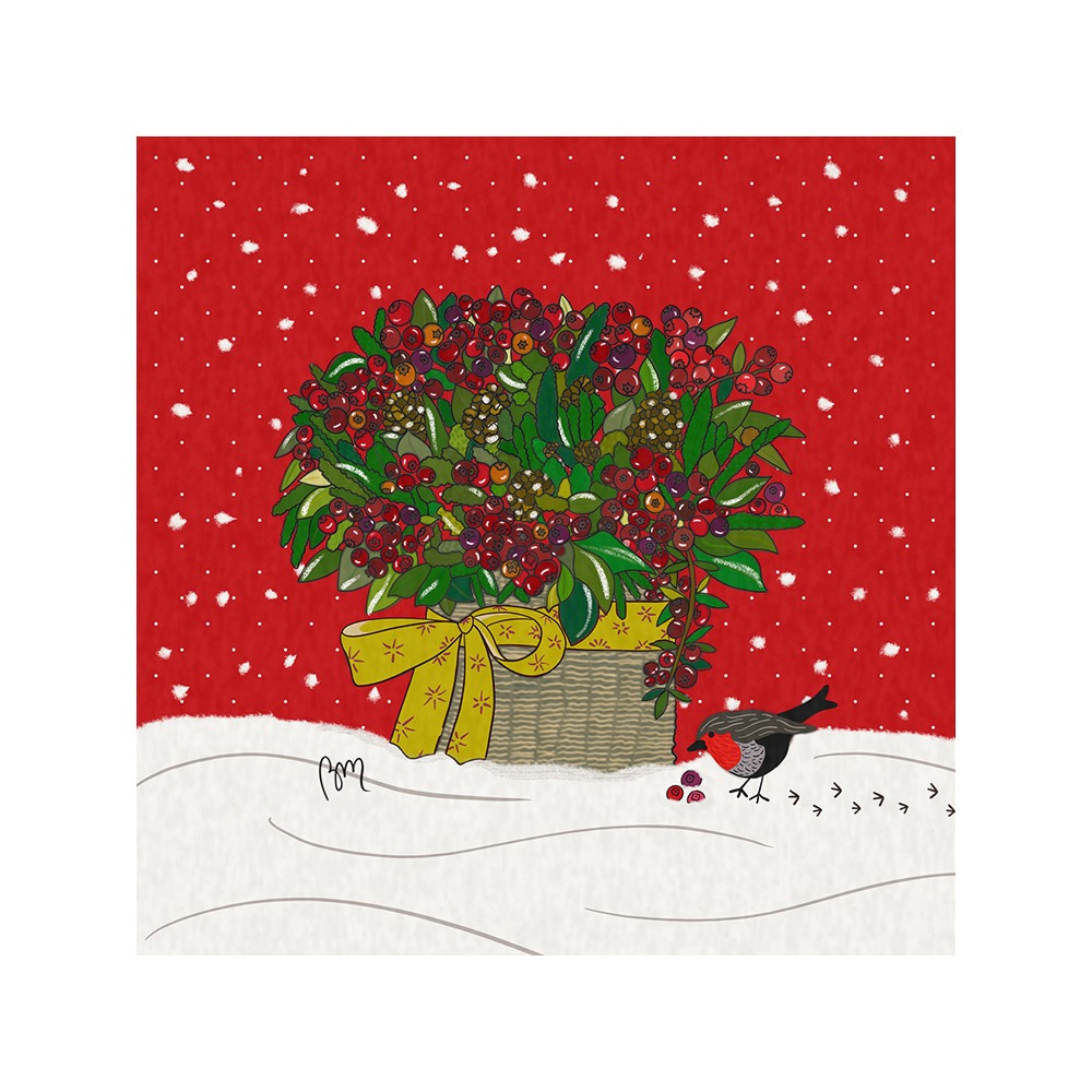 NO-2355 - Vignette de Noël Panier et Rouge-Gorge