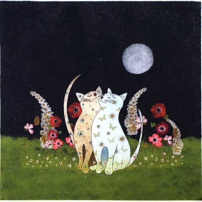 VI-1981 Minky-Samt-Ansteckbild „Zwei Katzen bei Nacht“